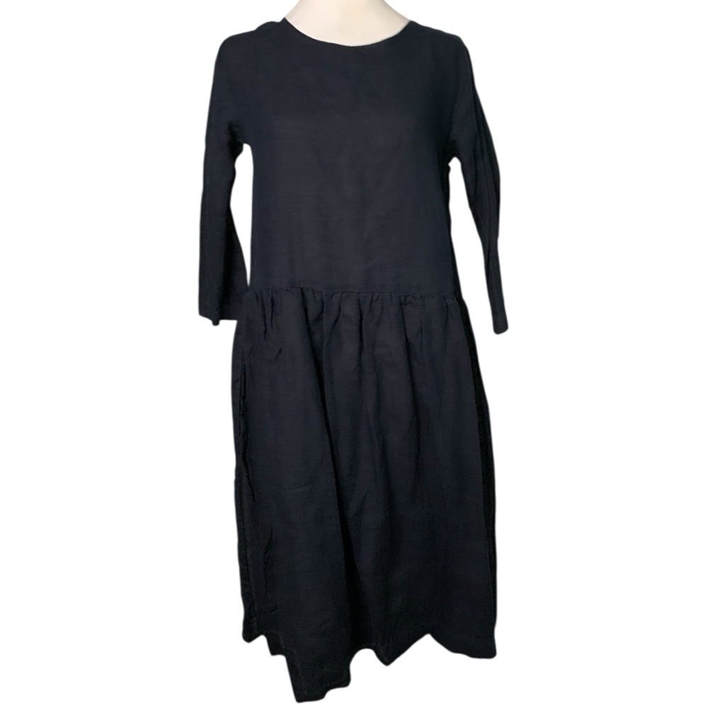Len.Oak XS Dark Baby Blue Modest Mature 100% Linen Handmade Midi Dress